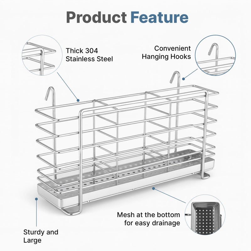 KESOL 304 Stainless Steel Utensil Drying Rack with Hooks & 3 Divided Compartments, Silverware Drying Basket, Spoon and Fork Organizer, Rustproof Kitchen Drainage Basket Accessories, Silver, 2x8.7x5 - Image 4